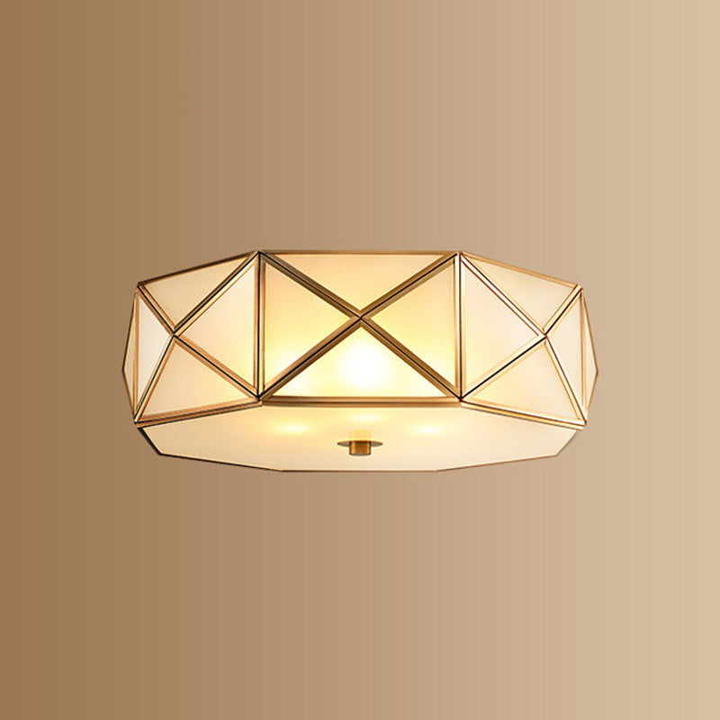 Glass Drum Ceiling Mount Light Fixture Traditional Bedroom Flushmount Ceiling Lamp in Brass