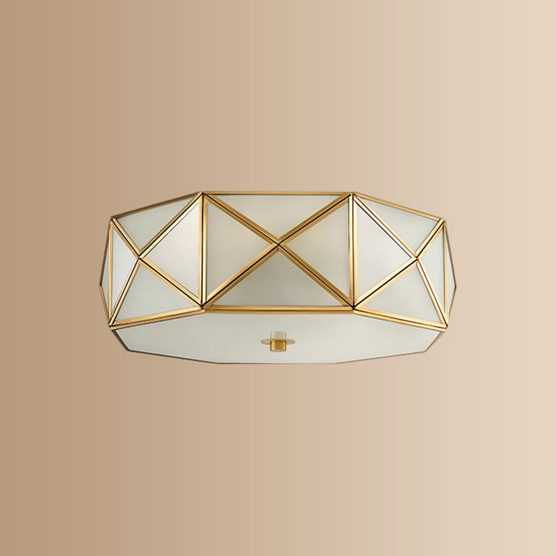 Glass Drum Ceiling Mount Light Fixture Traditional Bedroom Flushmount Ceiling Lamp in Brass