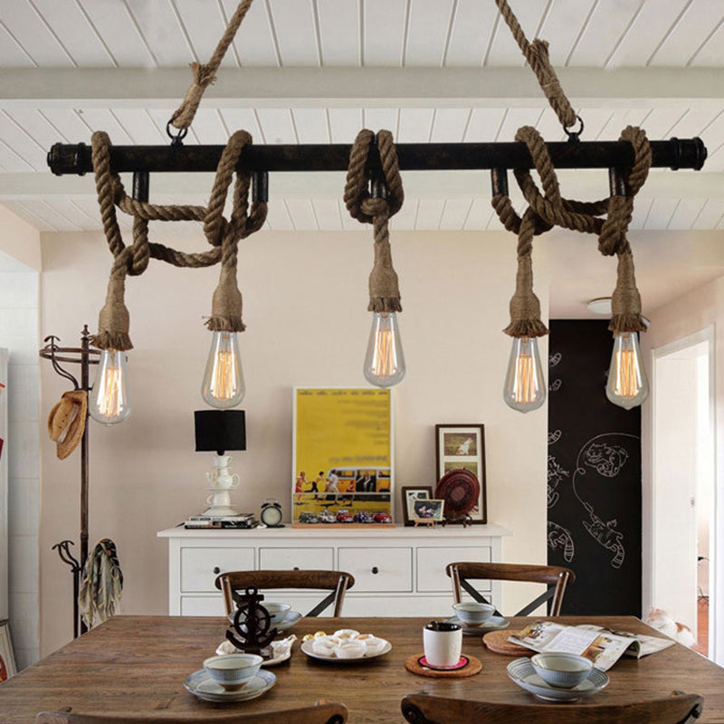 Linear Restaurant Island Lighting Fixture Industrial Metal Beige Chandelier Lighting Fixture