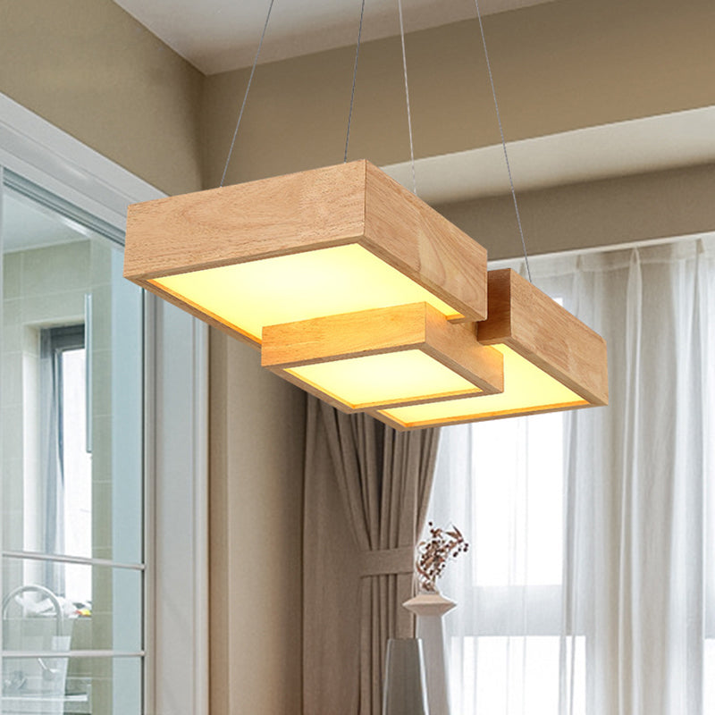 Wooden Square Island Lighting Fixture Modern Style LED Wood Hanging Ceiling Light