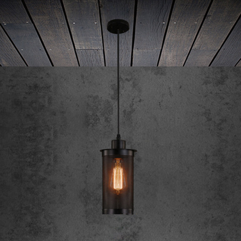 Black Cylindrical Iron Cage Hanging Light Retro Industrial Style Single Bulb Pendant Fixture