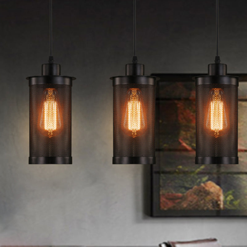 Black Cylindrical Iron Cage Hanging Light Retro Industrial Style Single Bulb Pendant Fixture