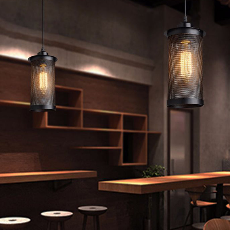 Black Cylindrical Iron Cage Hanging Light Retro Industrial Style Single Bulb Pendant Fixture