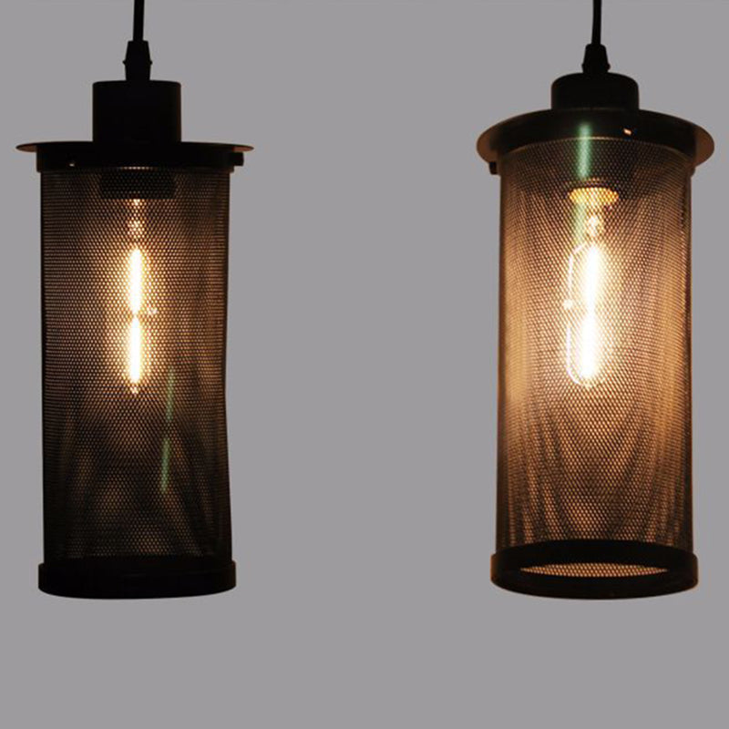 Black Cylindrical Iron Cage Hanging Light Retro Industrial Style Single Bulb Pendant Fixture