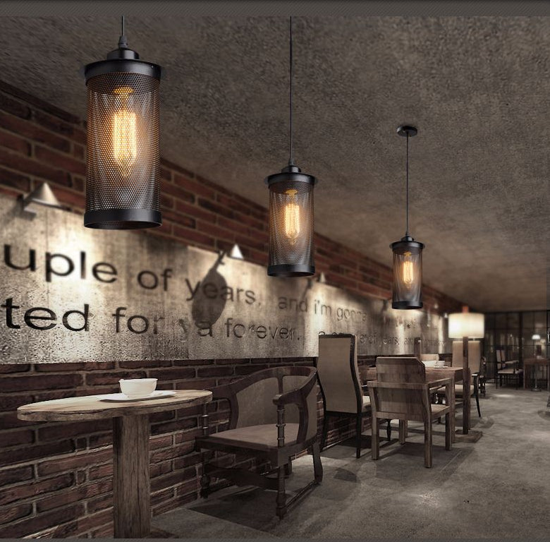 Black Cylindrical Iron Cage Hanging Light Retro Industrial Style Single Bulb Pendant Fixture