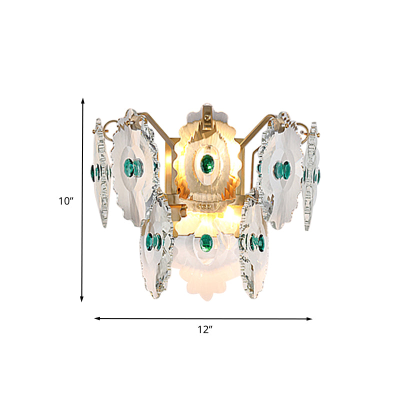 Gear Clear Crystal Wall Mounted Light Postmodern 2 Lights Sconce Light with Green/Gold Gem