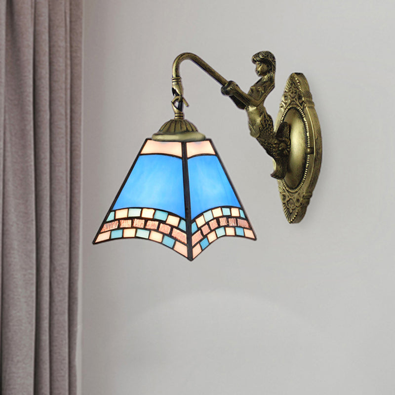 Mediterranean Pyramid Wall Light Fixture 1 Head Blue Glass Sconce Light with Mermaid Backplate