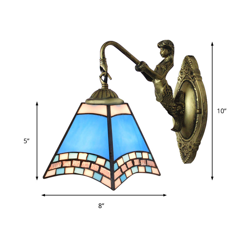 Mediterranean Pyramid Wall Light Fixture 1 Head Blue Glass Sconce Light with Mermaid Backplate