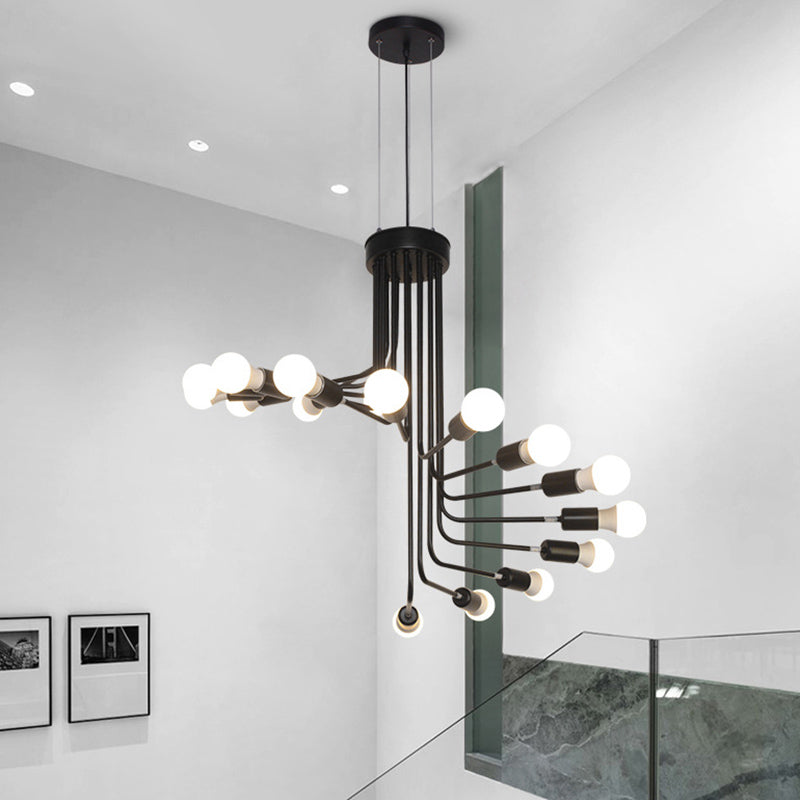 Vintage Iron Spiral Chandelier Light Open Bulbs Industrial Style Black Wrought Iron Stair Hanging Light