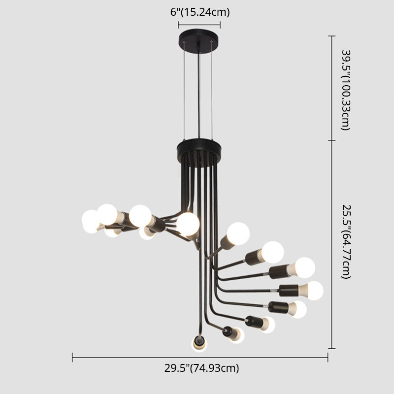 Vintage Iron Spiral Chandelier Light Open Bulbs Industrial Style Black Wrought Iron Stair Hanging Light