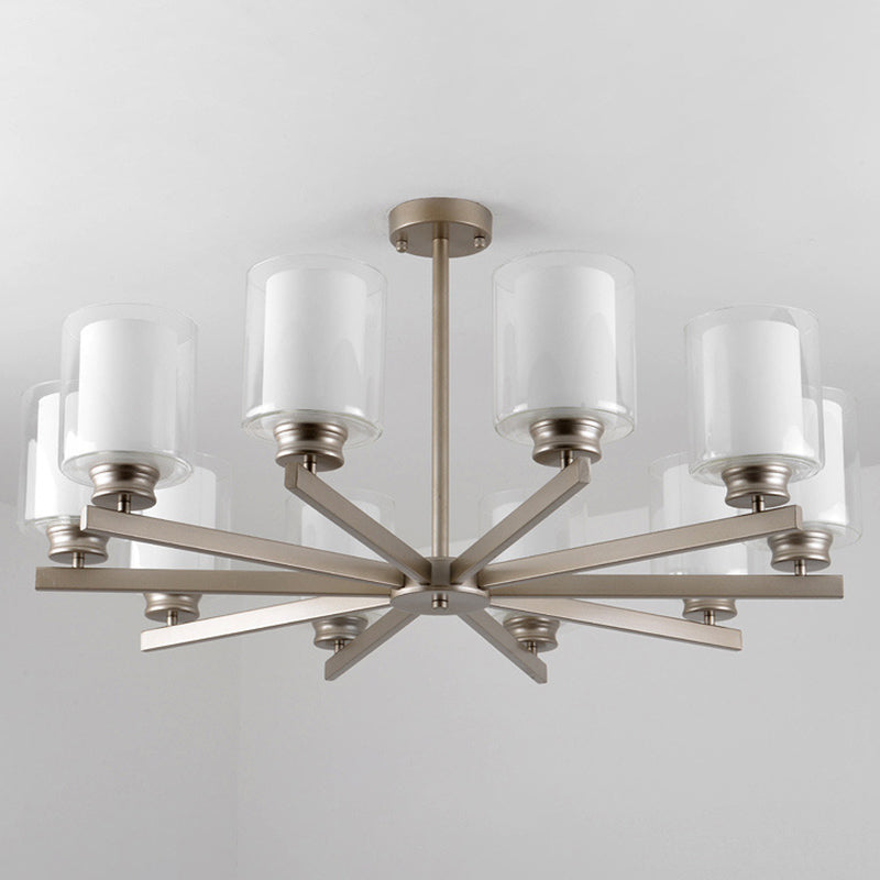 Double-layer Glass Shade Chandelier Lighting Fixture Traditional Style Cylindrical Pendant Hanging Light in Champagne Silver