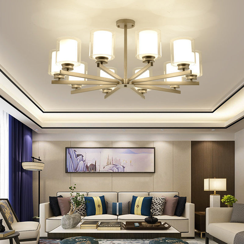 Double-layer Glass Shade Chandelier Lighting Fixture Traditional Style Cylindrical Pendant Hanging Light in Champagne Silver