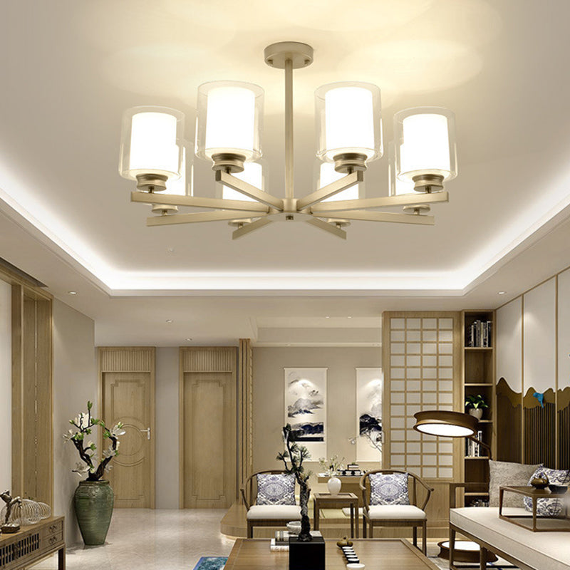 Double-layer Glass Shade Chandelier Lighting Fixture Traditional Style Cylindrical Pendant Hanging Light in Champagne Silver