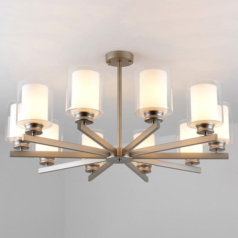 Double-layer Glass Shade Chandelier Lighting Fixture Traditional Style Cylindrical Pendant Hanging Light in Champagne Silver