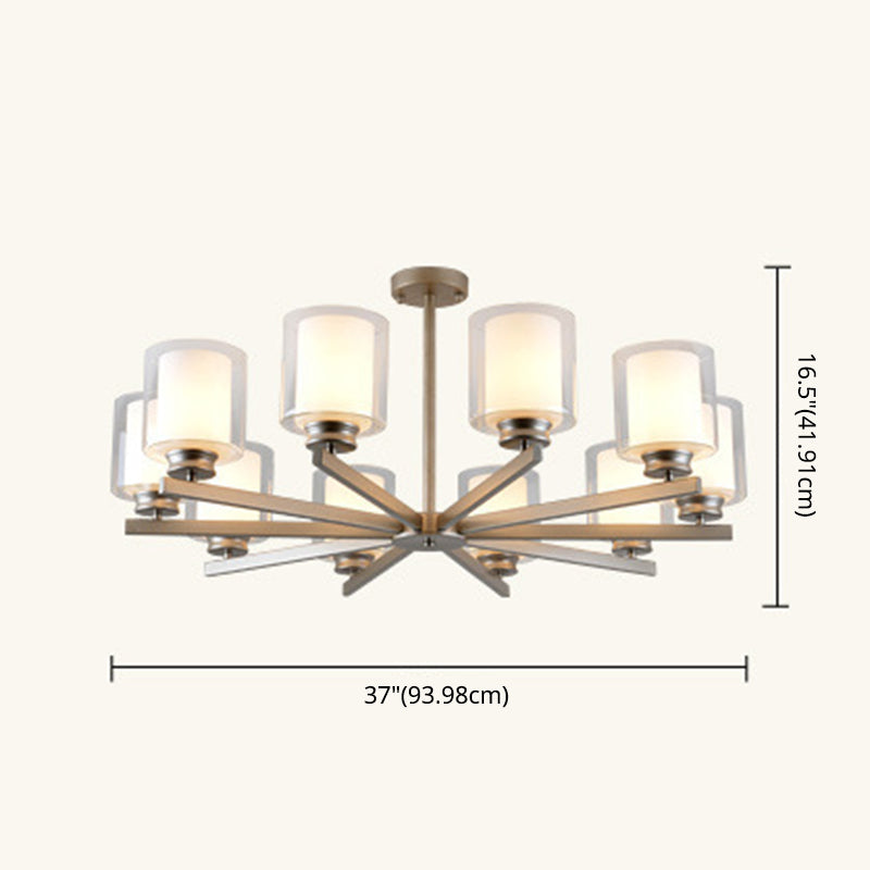 Double-layer Glass Shade Chandelier Lighting Fixture Traditional Style Cylindrical Pendant Hanging Light in Champagne Silver