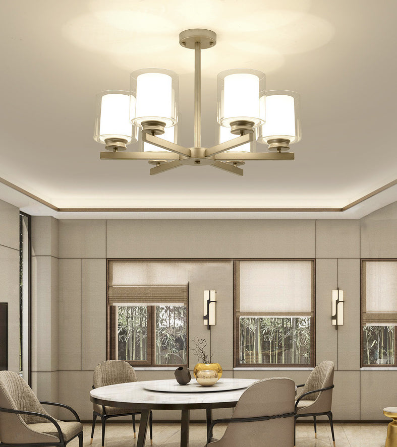 Double-layer Glass Shade Chandelier Lighting Fixture Traditional Style Cylindrical Pendant Hanging Light in Champagne Silver