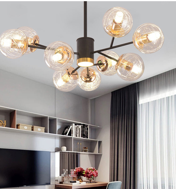 Clear Aluminum Wire Glass Ball Chandelier Light Modern Lighting Ceiling Pendant Light in Black