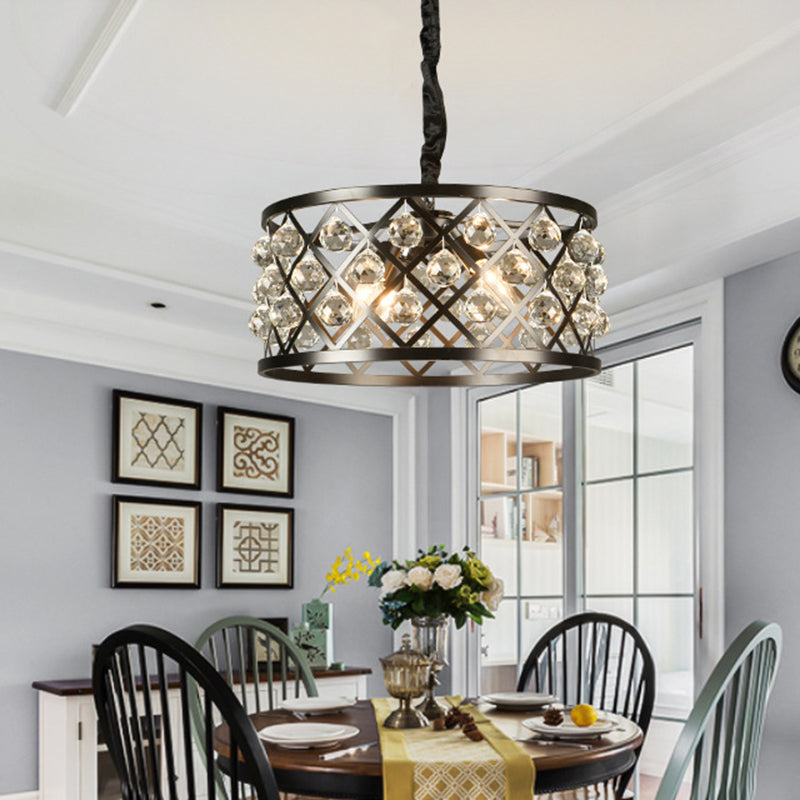 Drum Living Room Suspended Lighting Fixture Crystal Encrusted Modern Ceiling Suspension Lamp in Black