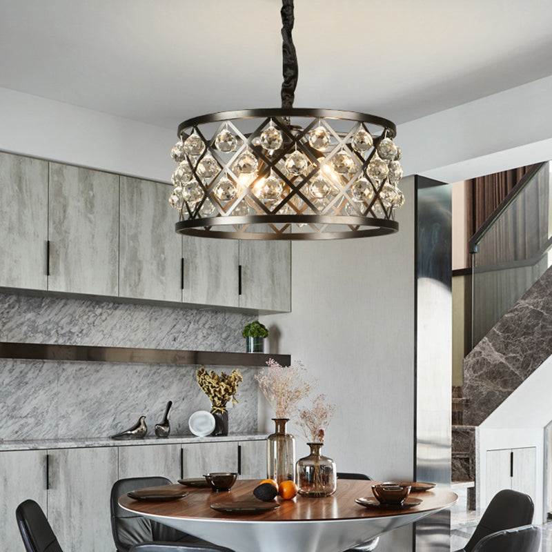 Drum Living Room Suspended Lighting Fixture Crystal Encrusted Modern Ceiling Suspension Lamp in Black