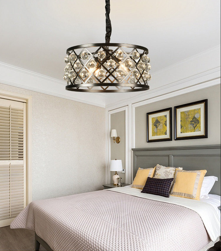 Drum Living Room Suspended Lighting Fixture Crystal Encrusted Modern Ceiling Suspension Lamp in Black