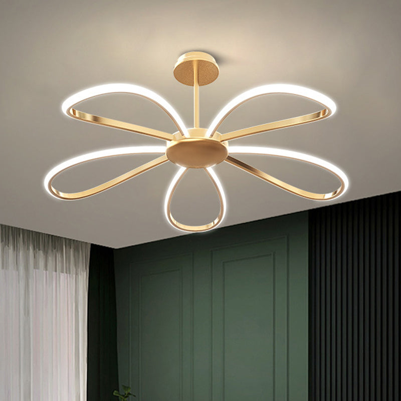 Flower Chandelier Light Fixture Simple Metal Living Room LED Hanging Light Kit in Gold