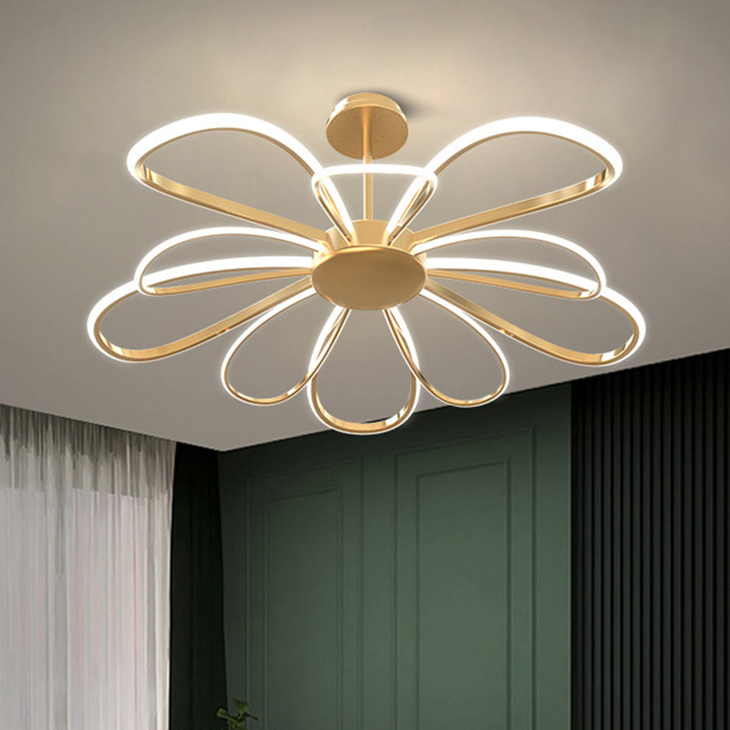 Flower Chandelier Light Fixture Simple Metal Living Room LED Hanging Light Kit in Gold