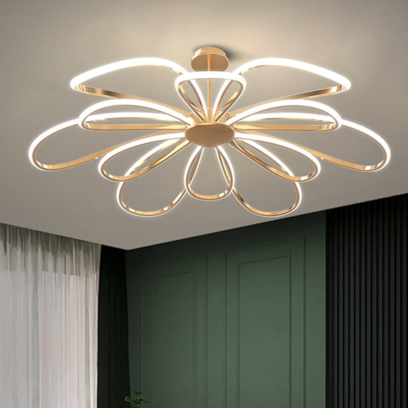 Flower Chandelier Light Fixture Simple Metal Living Room LED Hanging Light Kit in Gold