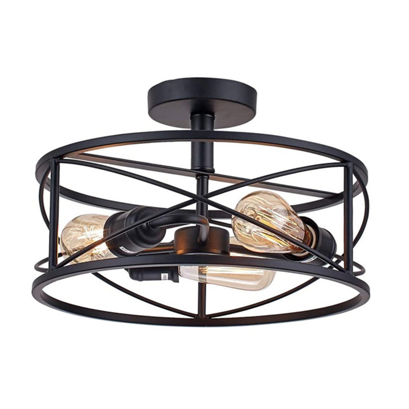 Metal Cage Flush Monte Light Fixture Industrial Retro Dining Room Semi Flush Light