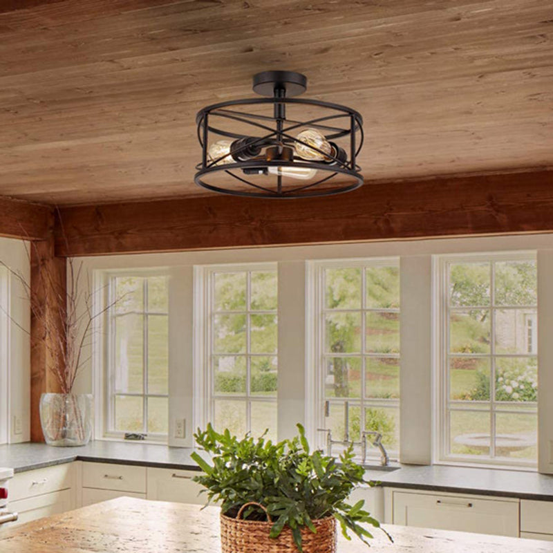 Metal Cage Flush Monte Light Fixture Industrial Retro Dining Room Semi Flush Light