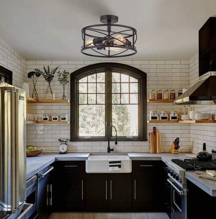 Metal Cage Flush Monte Light Fixture Industrial Retro Dining Room Semi Flush Light