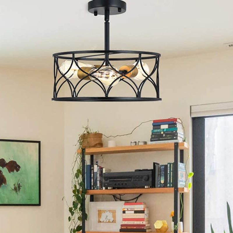 Metal Cage Flush Monte Light Fixture Industrial Retro Dining Room Semi Flush Light