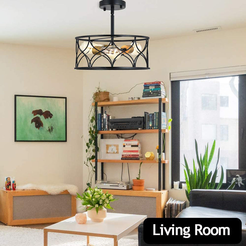 Metal Cage Flush Monte Light Fixture Industrial Retro Dining Room Semi Flush Light