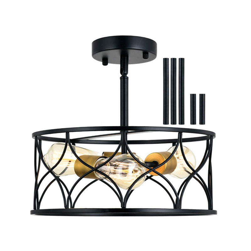 Metal Cage Flush Monte Light Fixture Industrial Retro Dining Room Semi Flush Light