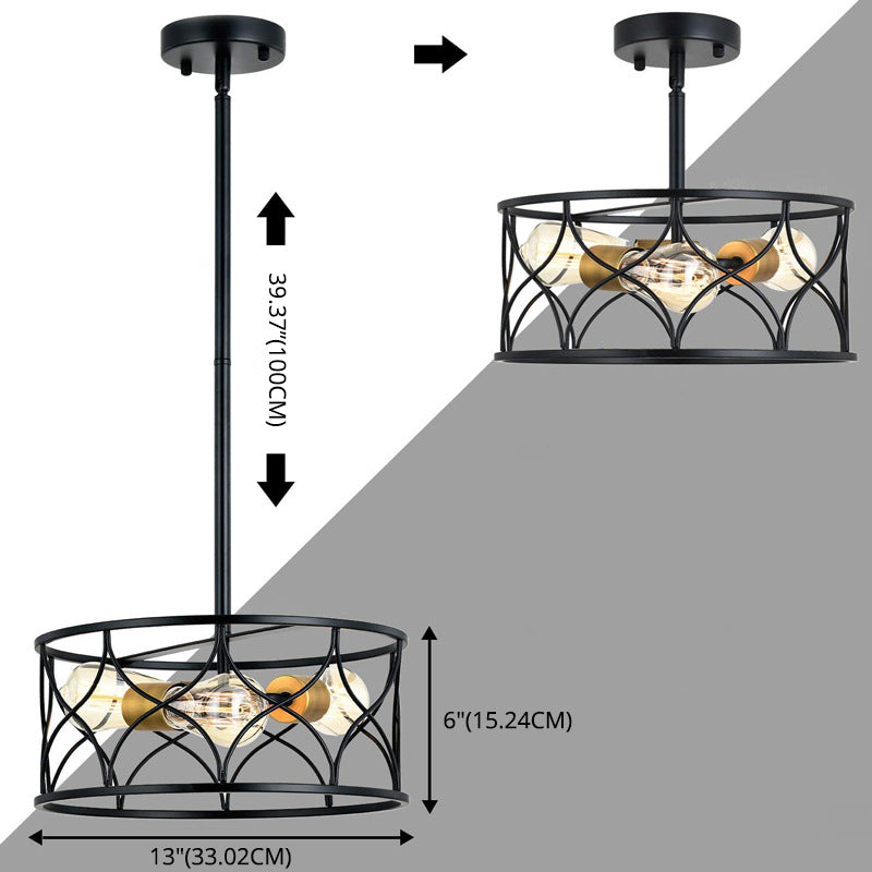 Metal Cage Flush Monte Light Fixture Industrial Retro Dining Room Semi Flush Light