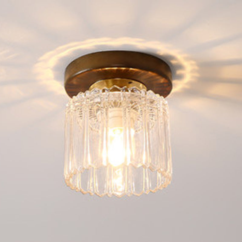 Simplicity Small Ceiling Flush Light Clear Glass 1 Bulb Entryway Flush Mount Light in Dark Wood