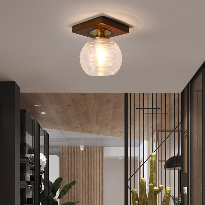 Simplicity Small Ceiling Flush Light Clear Glass 1 Bulb Entryway Flush Mount Light in Dark Wood