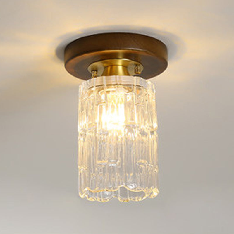 Simplicity Small Ceiling Flush Light Clear Glass 1 Bulb Entryway Flush Mount Light in Dark Wood