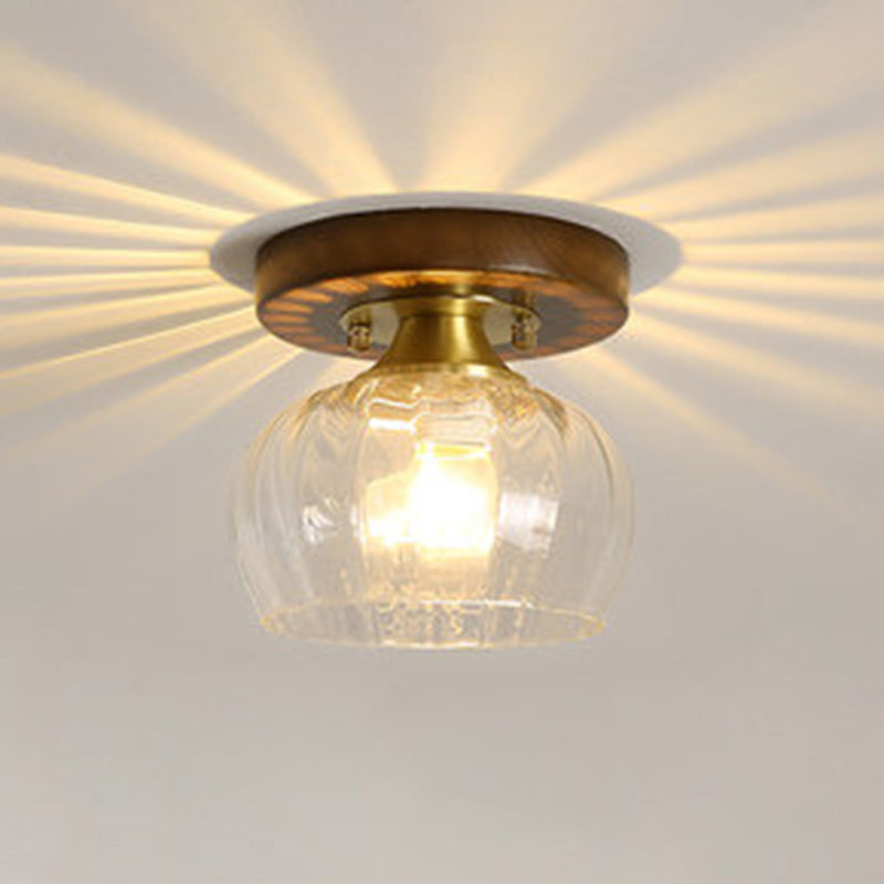 Simplicity Small Ceiling Flush Light Clear Glass 1 Bulb Entryway Flush Mount Light in Dark Wood