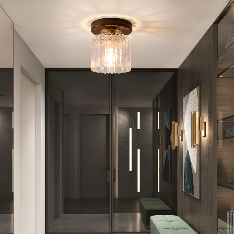 Simplicity Small Ceiling Flush Light Clear Glass 1 Bulb Entryway Flush Mount Light in Dark Wood