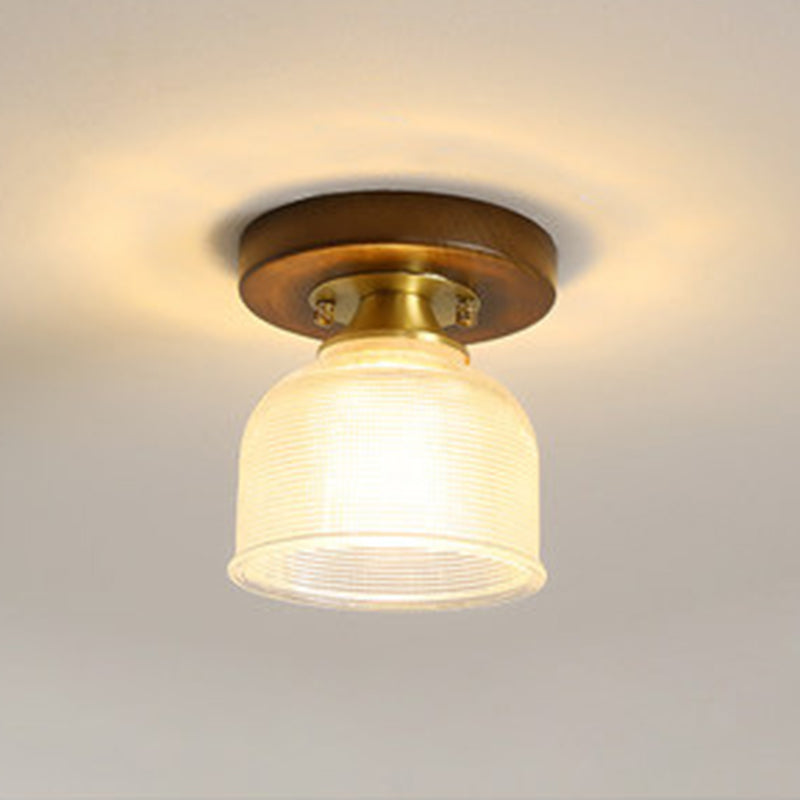 Simplicity Small Ceiling Flush Light Clear Glass 1 Bulb Entryway Flush Mount Light in Dark Wood