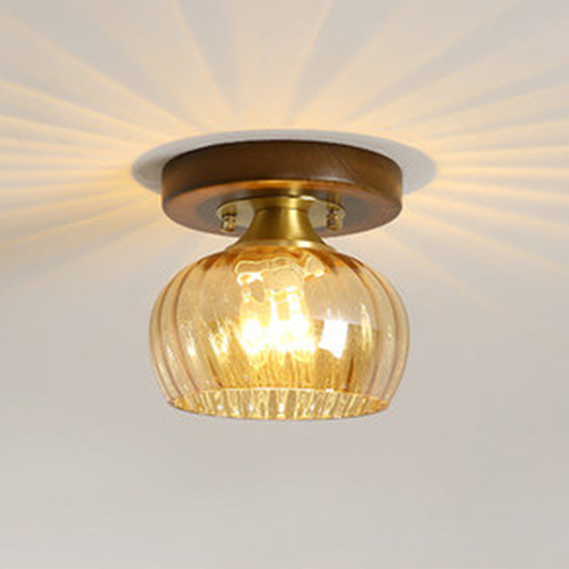 Simplicity Small Ceiling Flush Light Clear Glass 1 Bulb Entryway Flush Mount Light in Dark Wood