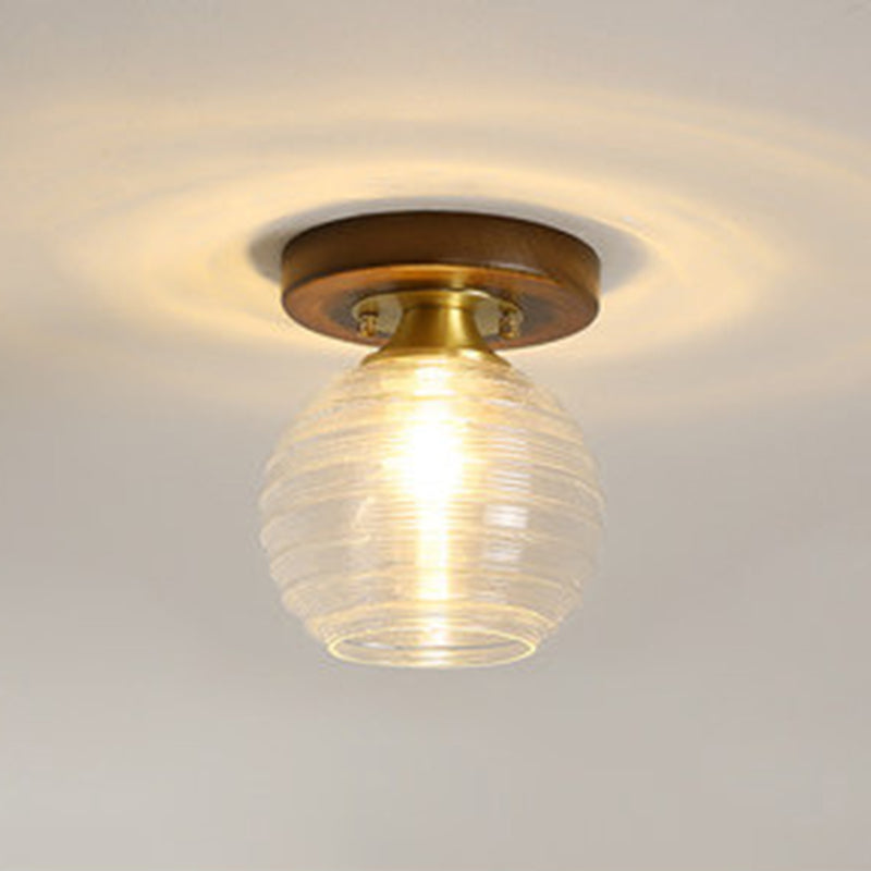 Simplicity Small Ceiling Flush Light Clear Glass 1 Bulb Entryway Flush Mount Light in Dark Wood
