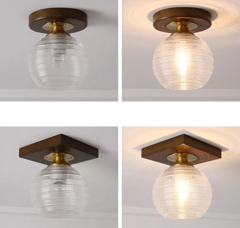 Simplicity Small Ceiling Flush Light Clear Glass 1 Bulb Entryway Flush Mount Light in Dark Wood