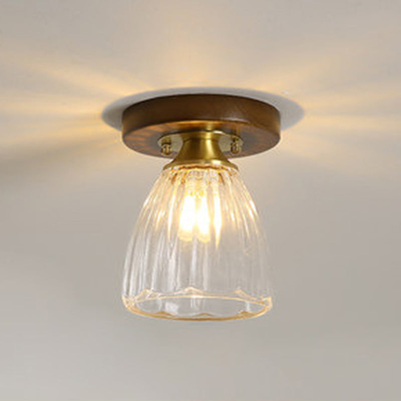 Simplicity Small Ceiling Flush Light Clear Glass 1 Bulb Entryway Flush Mount Light in Dark Wood