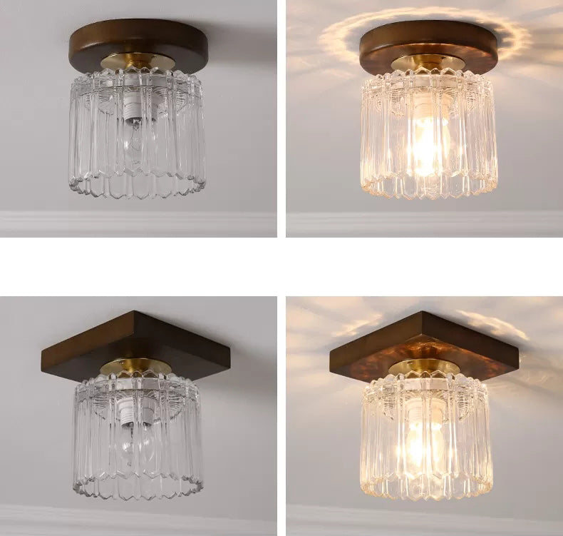 Simplicity Small Ceiling Flush Light Clear Glass 1 Bulb Entryway Flush Mount Light in Dark Wood