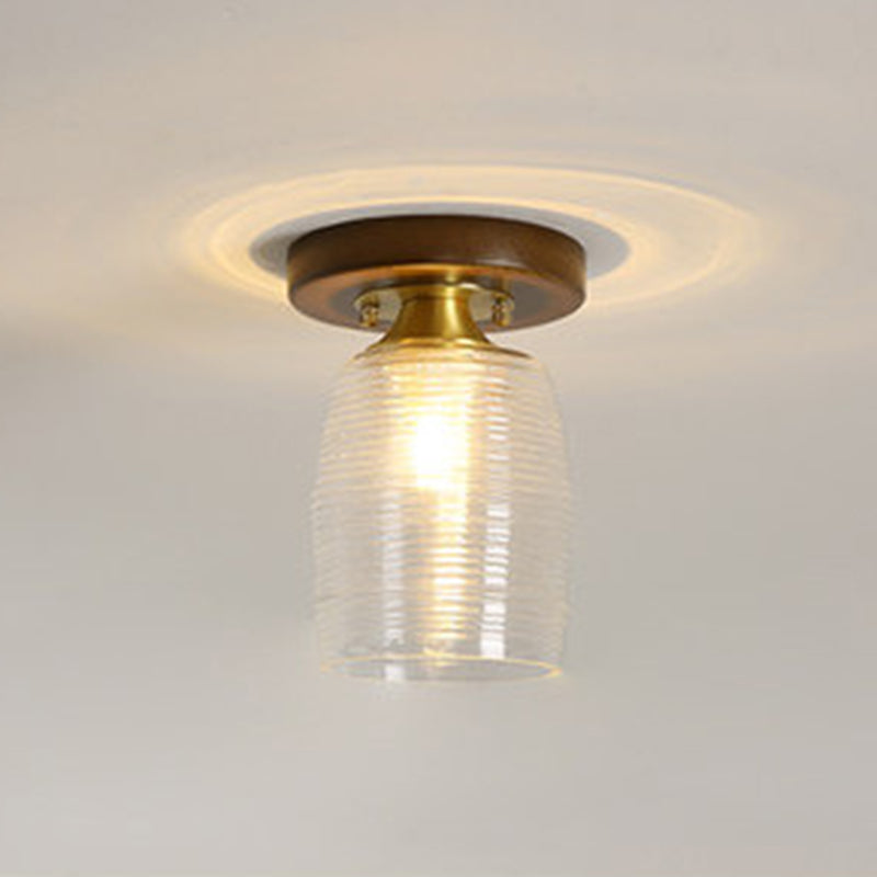Simplicity Small Ceiling Flush Light Clear Glass 1 Bulb Entryway Flush Mount Light in Dark Wood