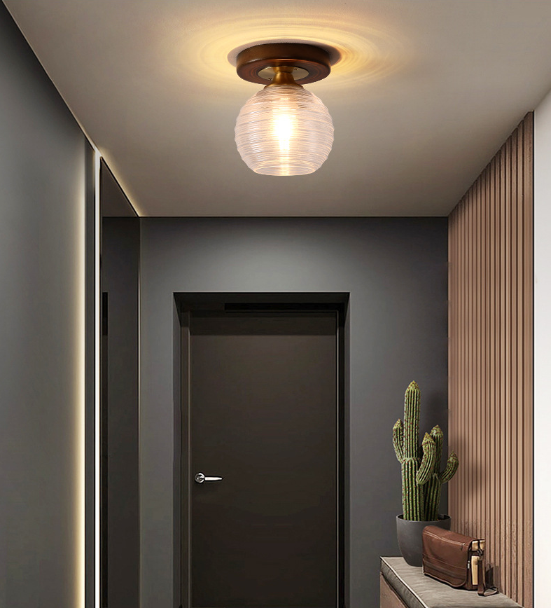 Simplicity Small Ceiling Flush Light Clear Glass 1 Bulb Entryway Flush Mount Light in Dark Wood
