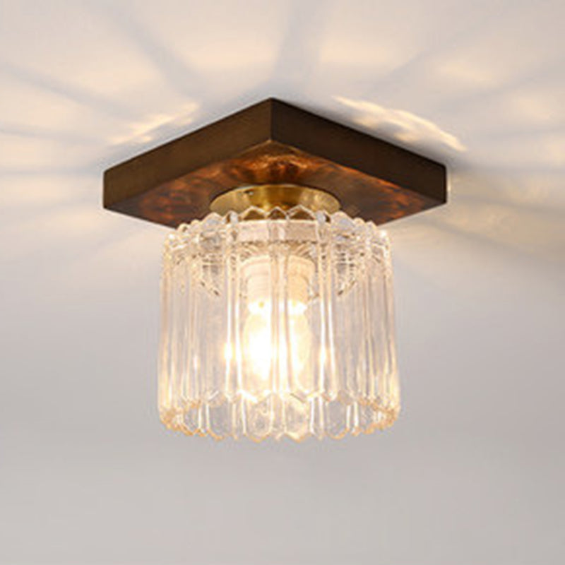 Simplicity Small Ceiling Flush Light Clear Glass 1 Bulb Entryway Flush Mount Light in Dark Wood