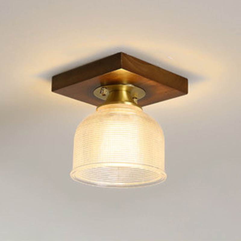 Simplicity Small Ceiling Flush Light Clear Glass 1 Bulb Entryway Flush Mount Light in Dark Wood