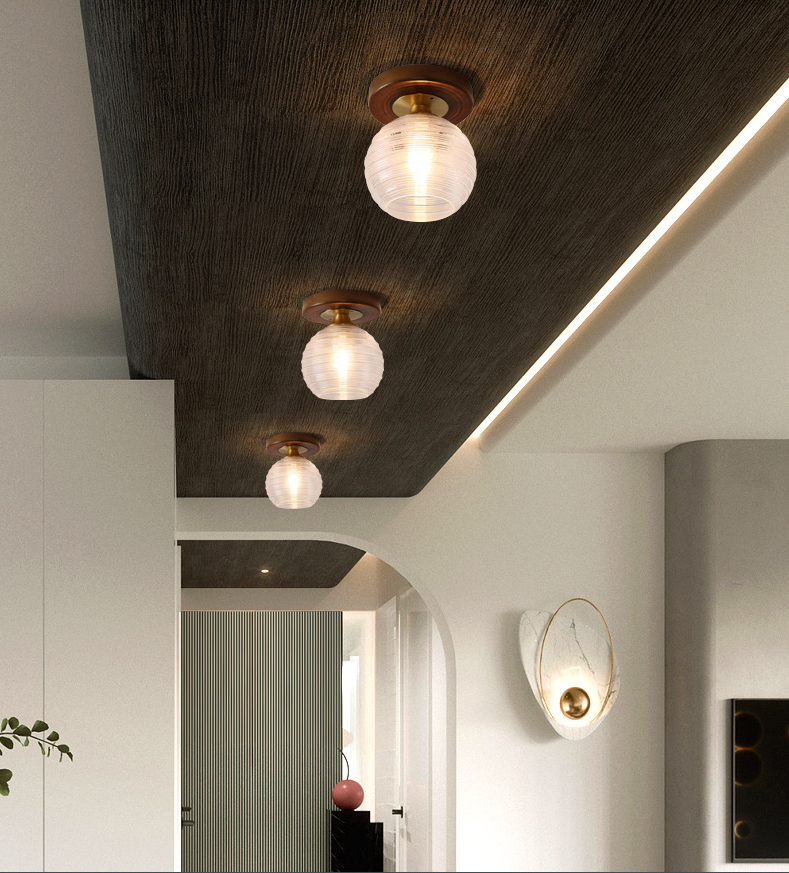Simplicity Small Ceiling Flush Light Clear Glass 1 Bulb Entryway Flush Mount Light in Dark Wood